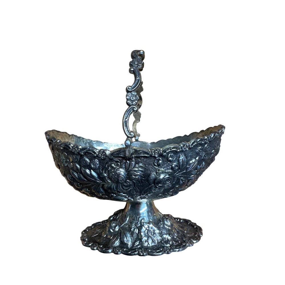 Vintage HN Silver Plate Repousse Floral Pedestal Basket Swing Handle 7.5in